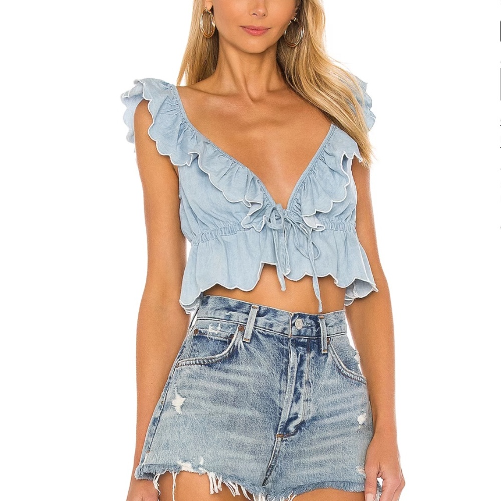 Lovers + Friends Light Blue Ruffle Crop Top